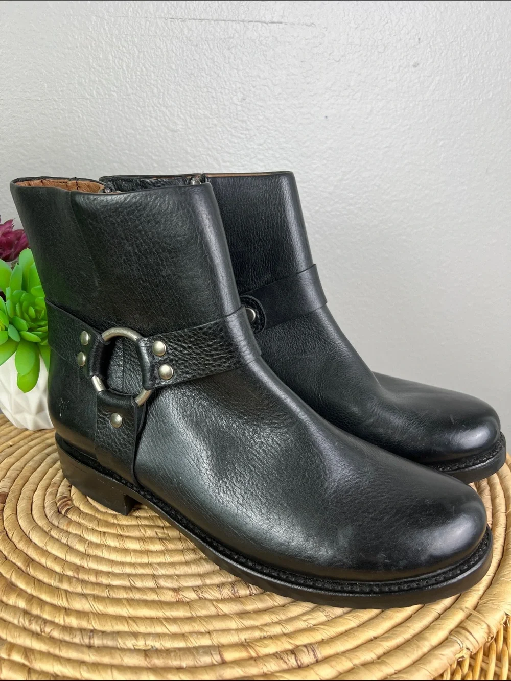 Frye Black Leather Harness Ankle Boots with Ring Detail